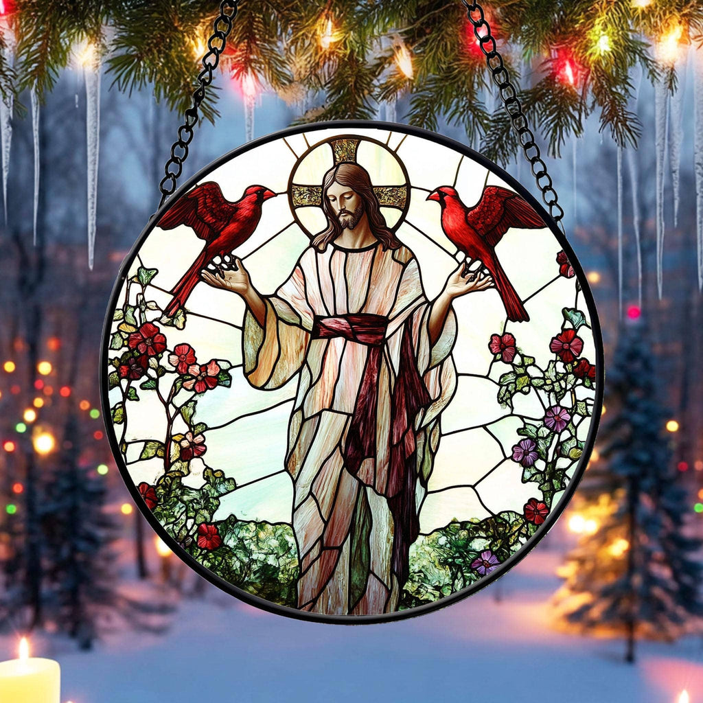 Jesus With Cardinals Stained Glass Suncatcher