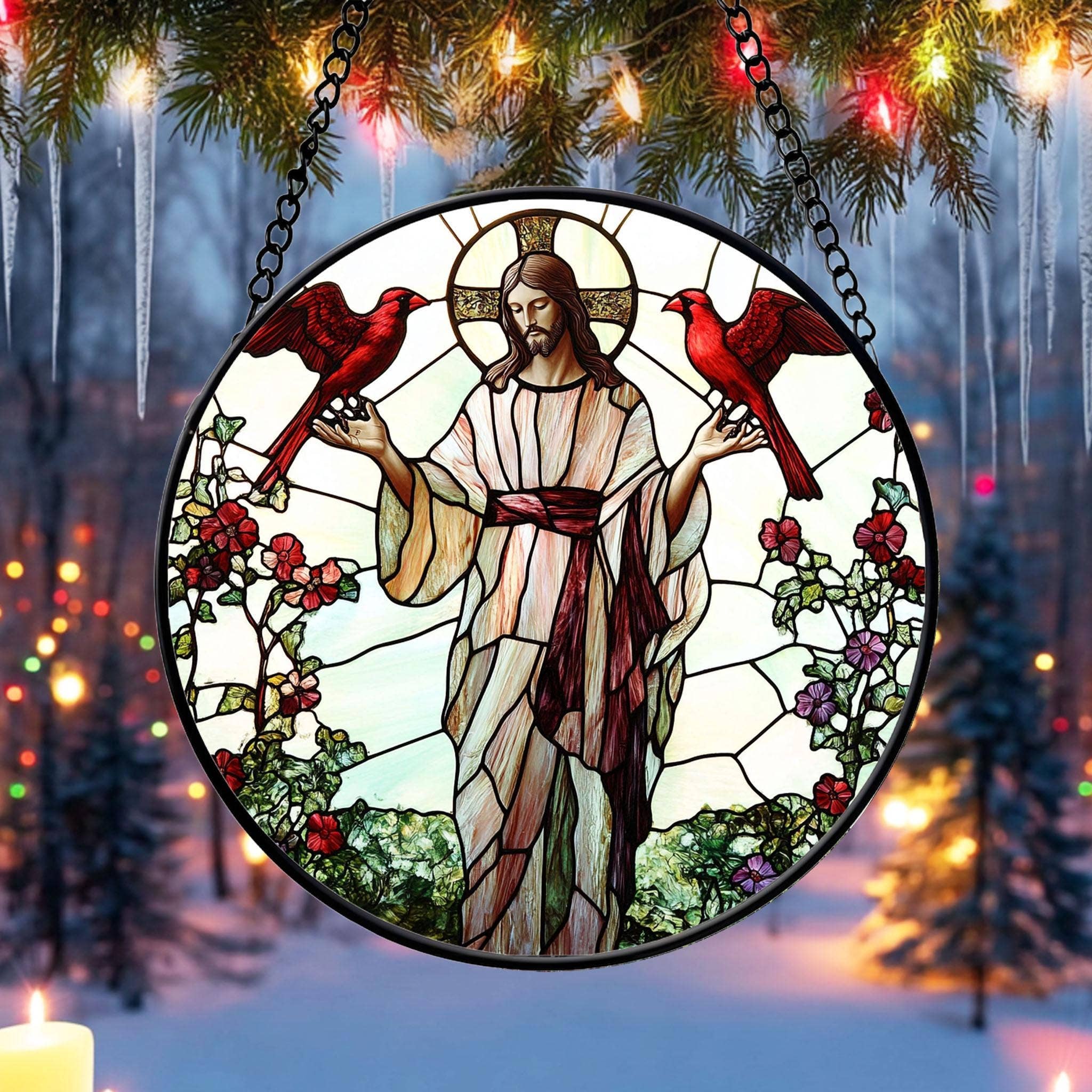 Jesus With Cardinals Stained Glass Suncatcher