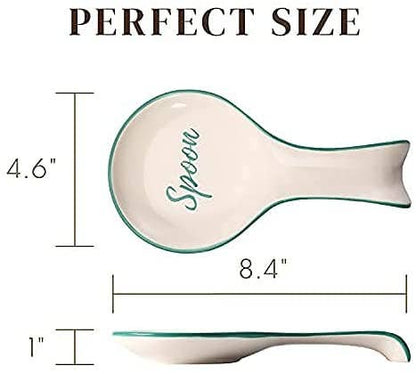 White Ceramic Spoon Rest with Green Letters