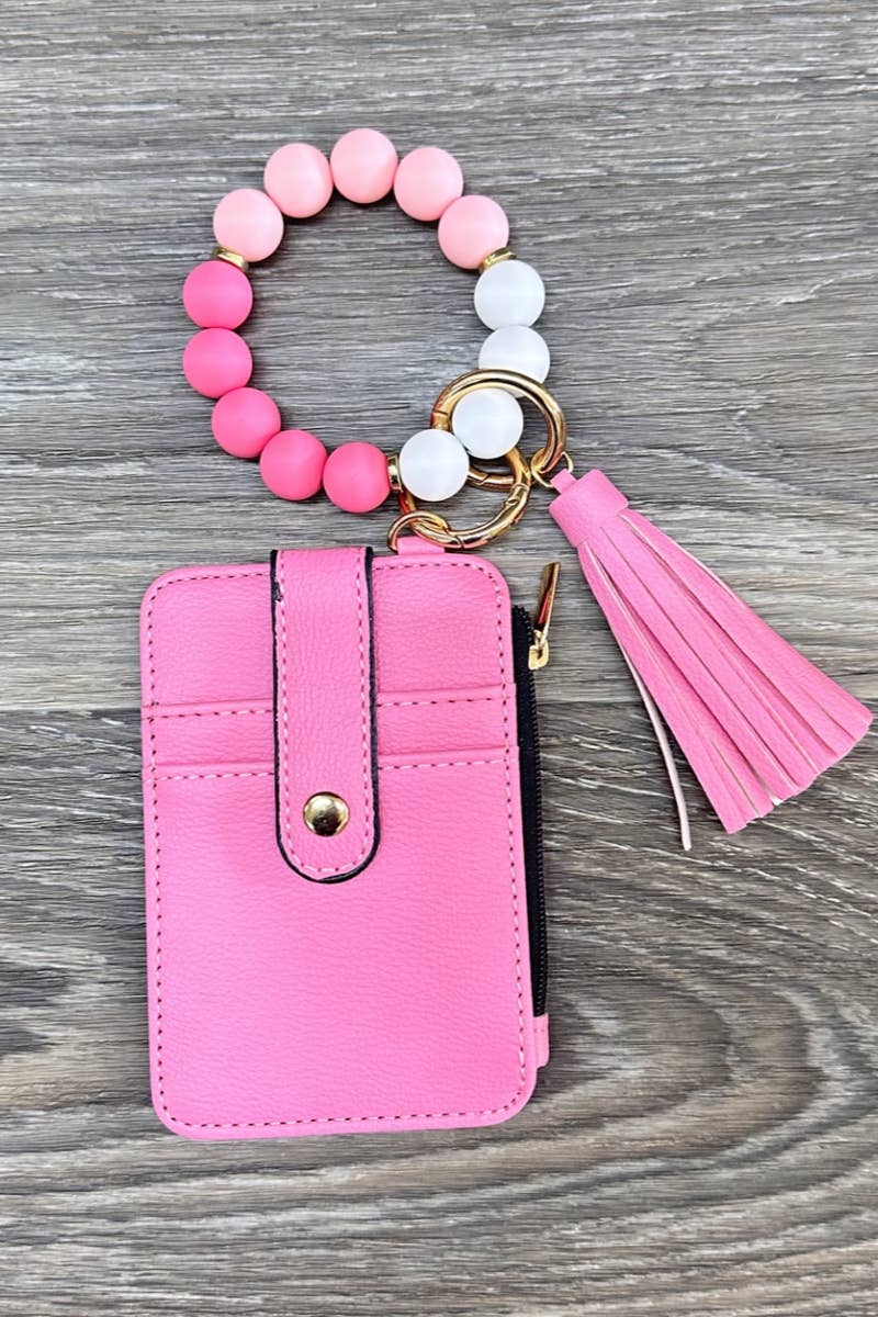 Silicone Beaded Bracelet Card Holder Keychain Pink