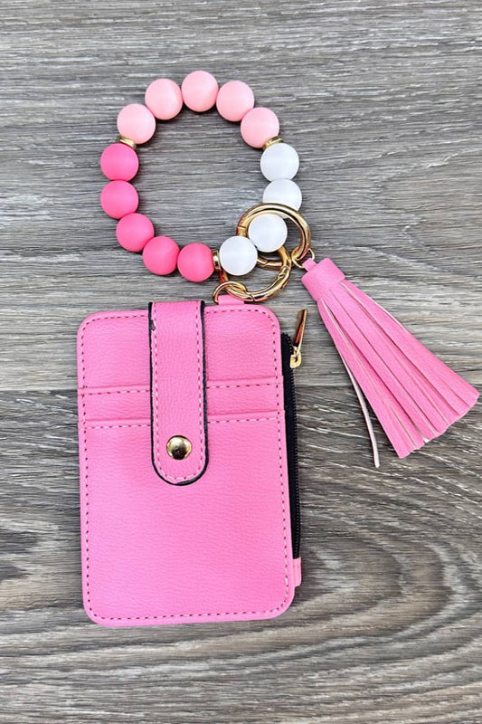 Silicone Beaded Bracelet Card Holder Keychain Pink