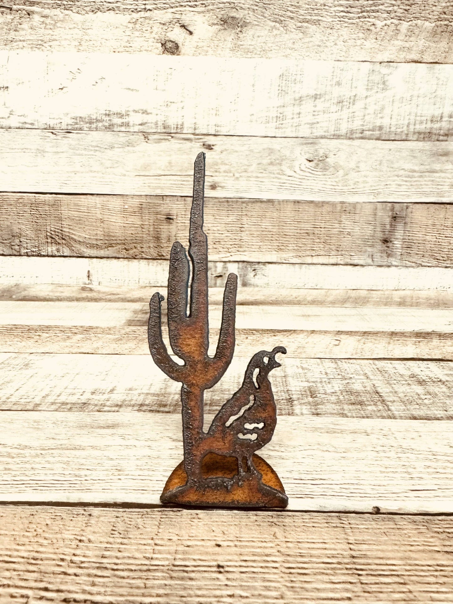 Quail and Cactus Desert Doodad Rustic Metal Figurine