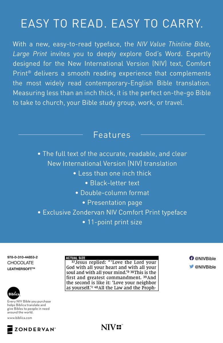 NIV Value Thinline Bible, Large Print, Leathersoft, Brown