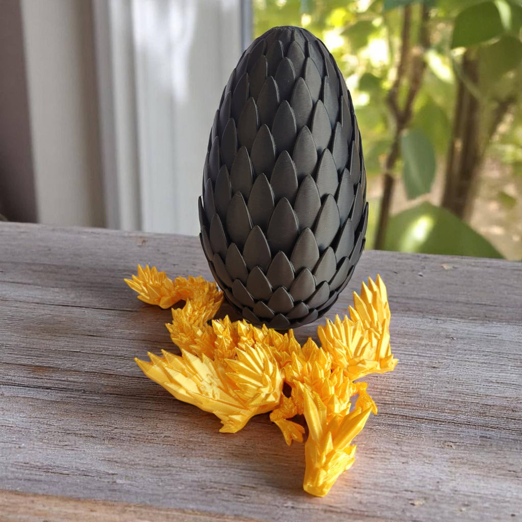 3D Printed Articulated Crystal Dragon with Wings and Egg: Gold Dragon Black Egg