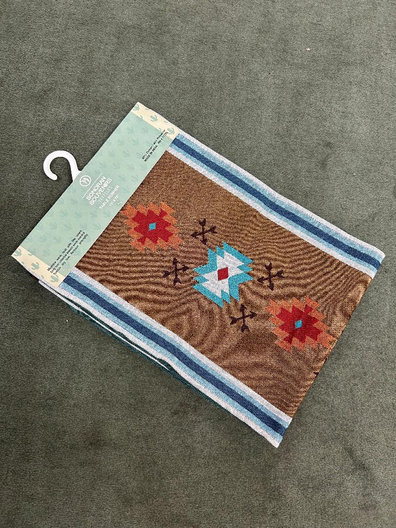 Aztec Table Runner Brown and Teal