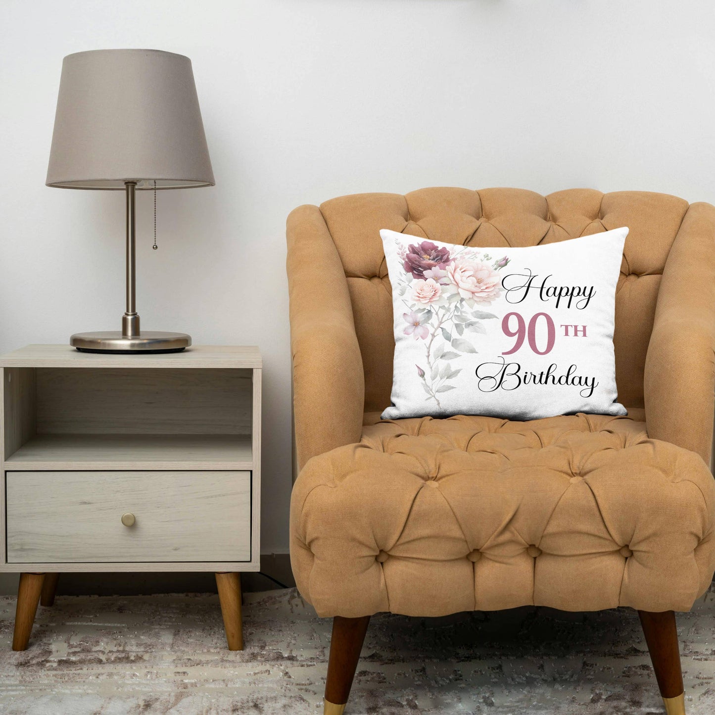 Happy 90th Birthday Blush Pink and Burgundy Flower, Pillow Case
