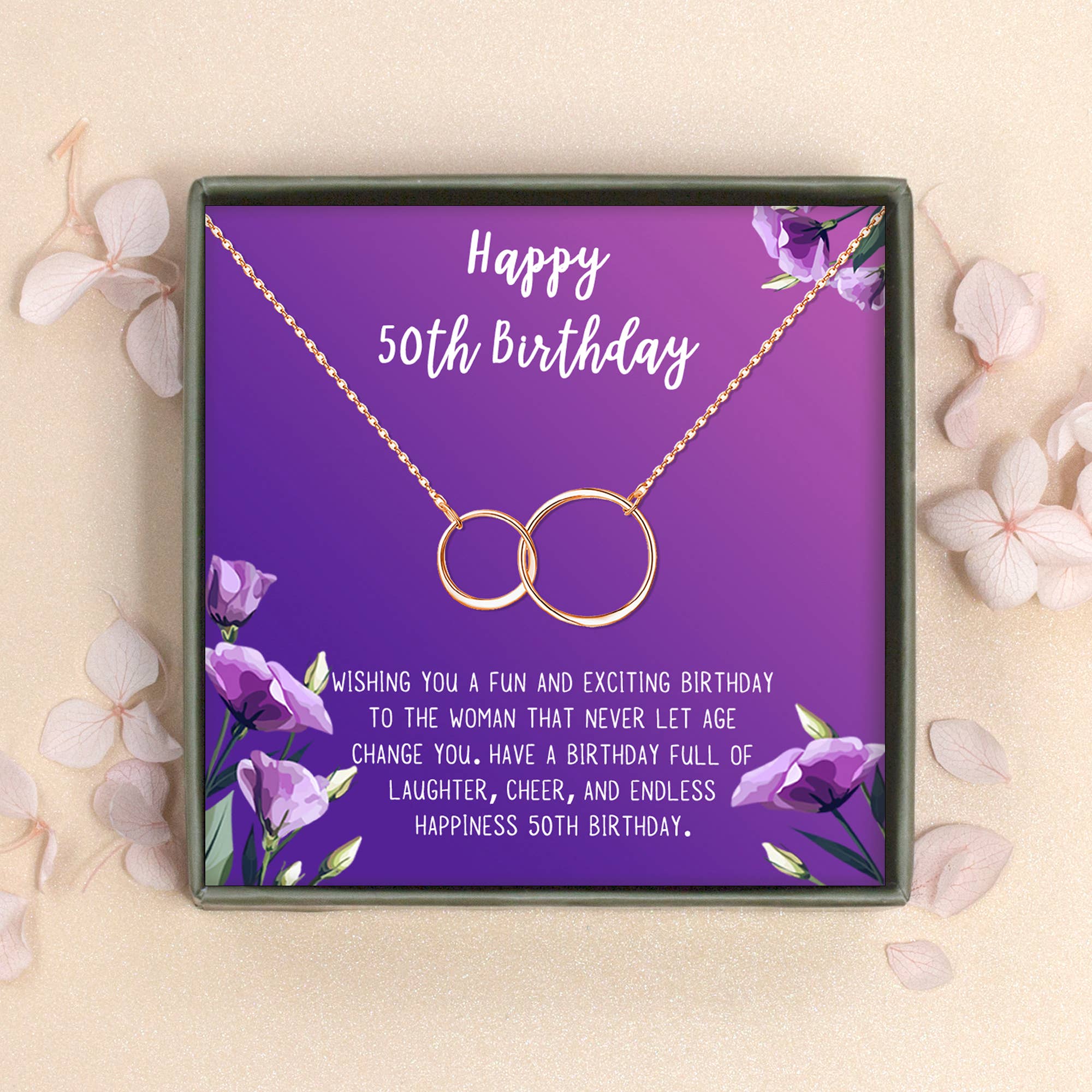 Happy 50th Birthday Card and Infinity Ring Necklace Jewelry: Rose Gold