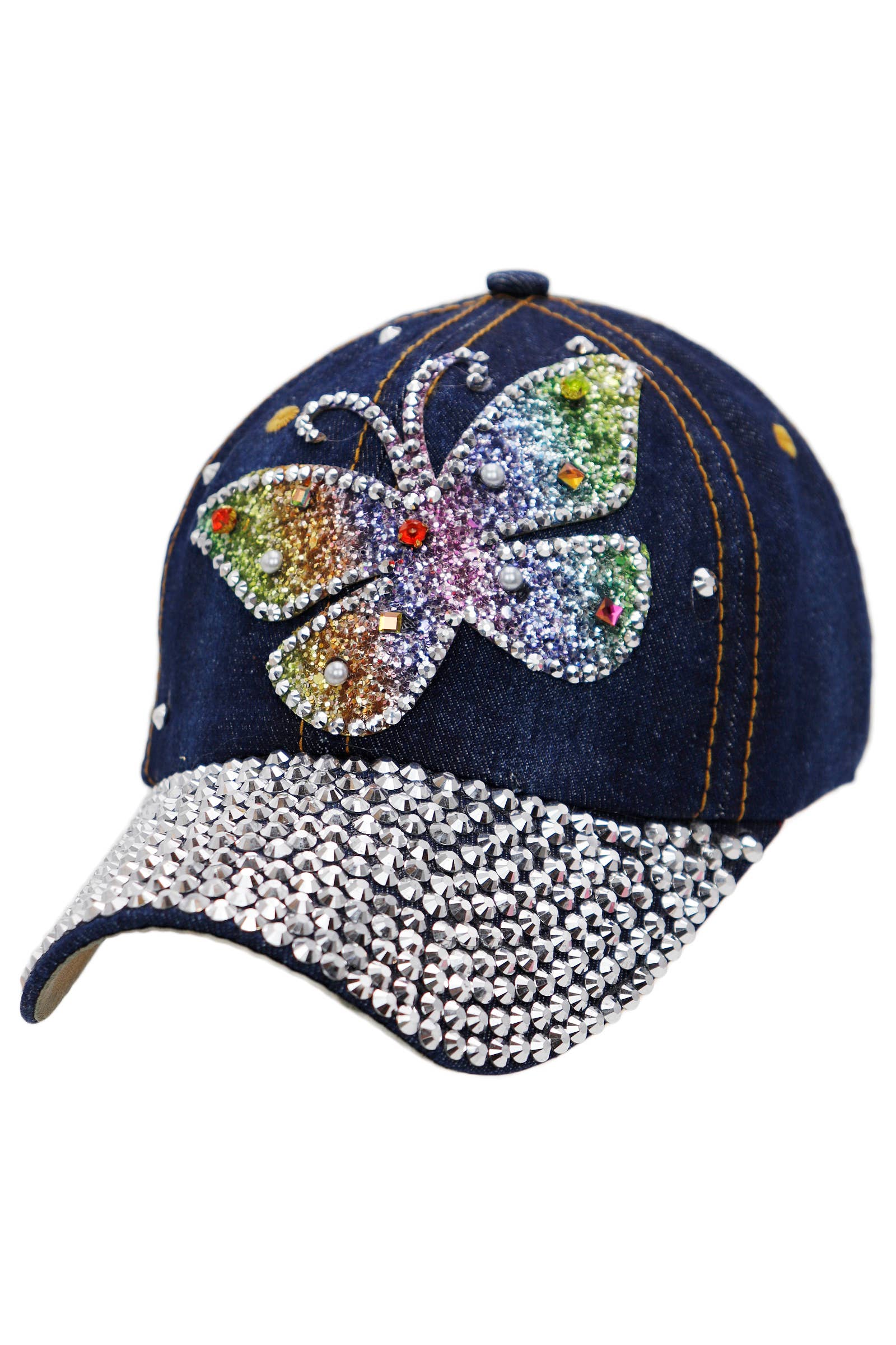 Butterfly Rainbow Shimmer Bling Denim Baseball Cap