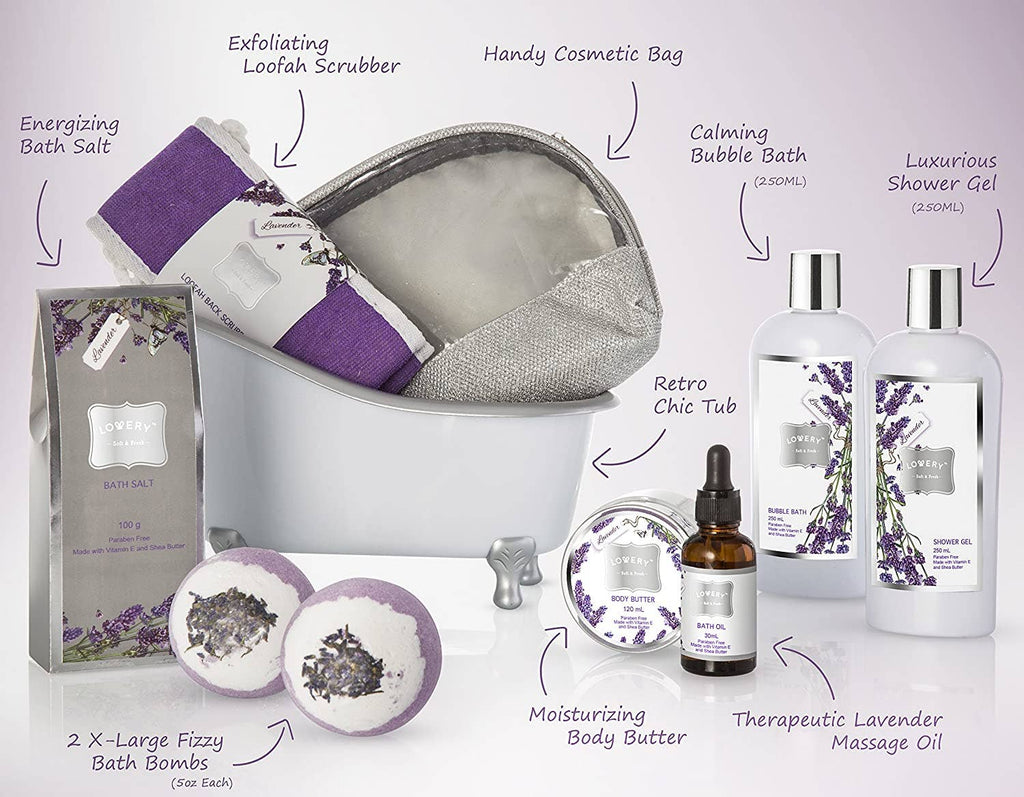 Bath Gift Basket Set: Relaxing Lavender Home Spa Kit Set
