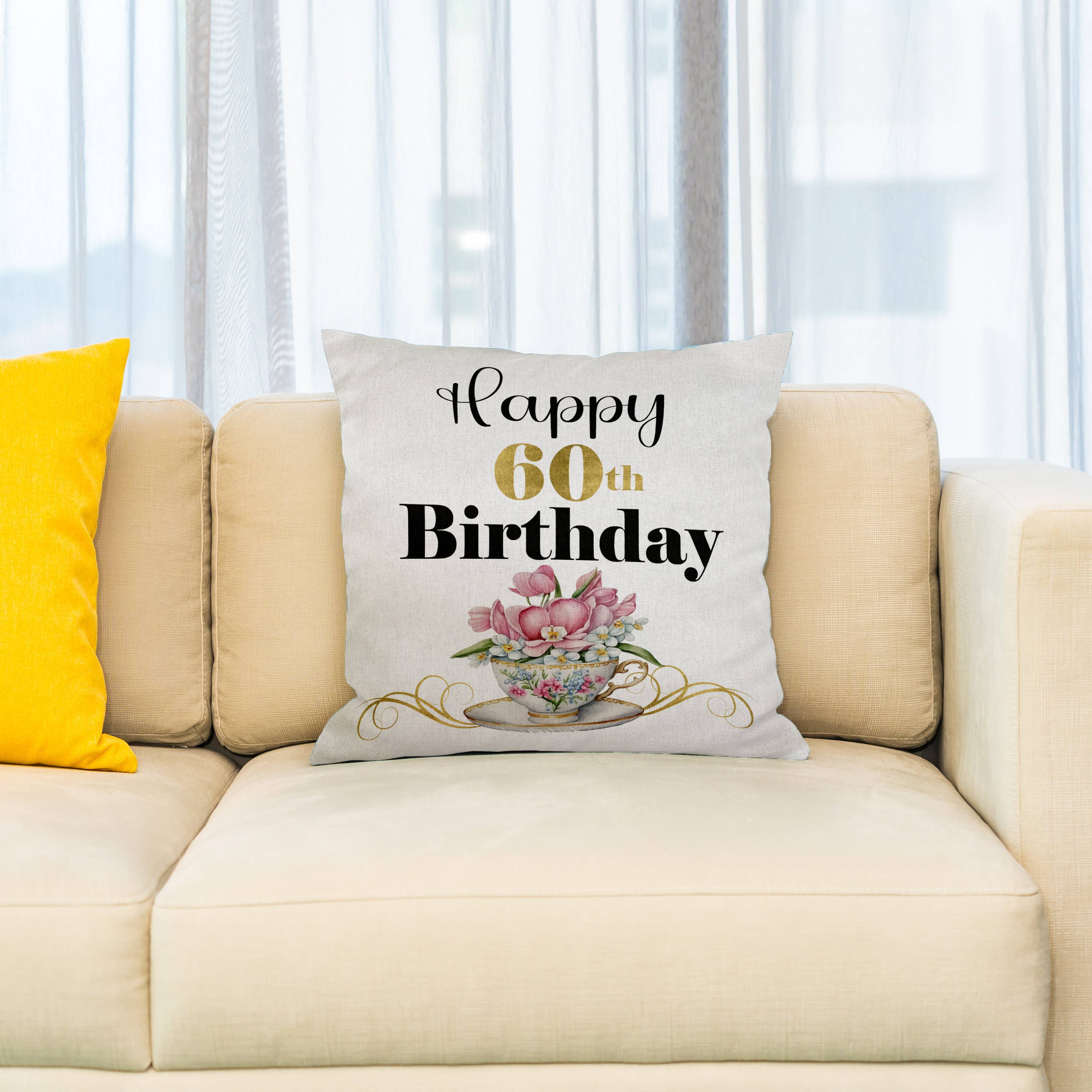 Happy 60th Birthday With A Pretty Floral Teacup, Pillow Case