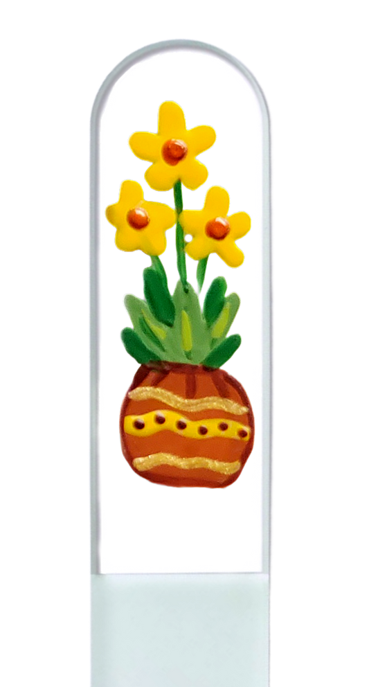 Sunfire Potted Yellow Flowers Hand Painted Crystal Nail File: Large