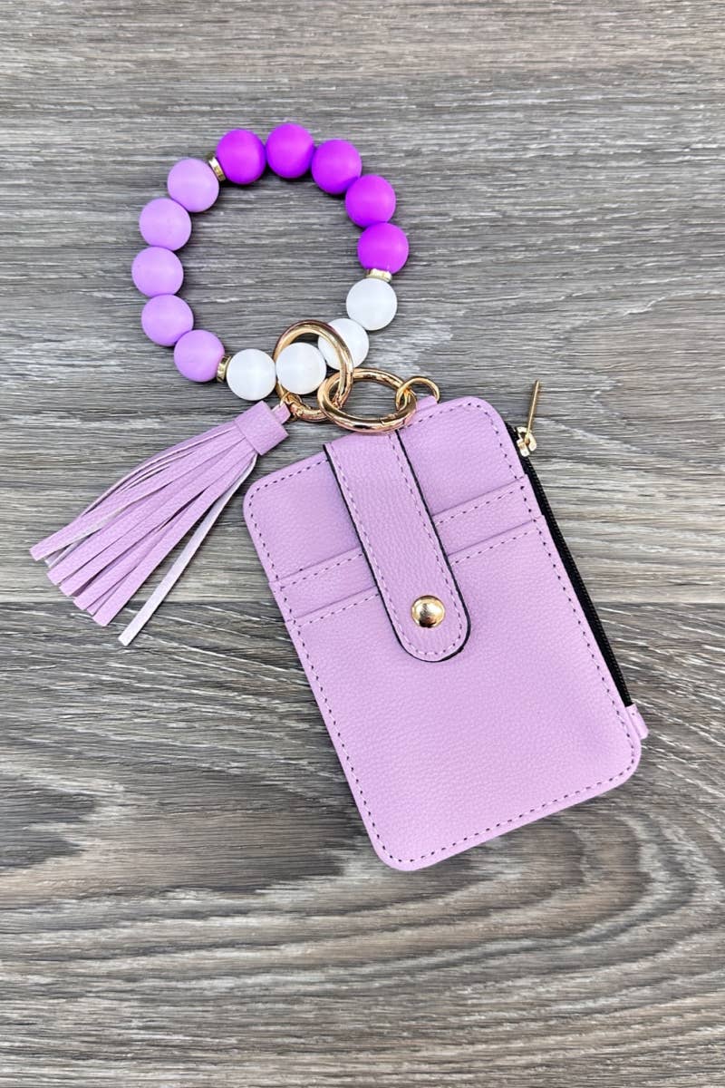 Silicone Beaded Bracelet Card Holder Keychain Purple