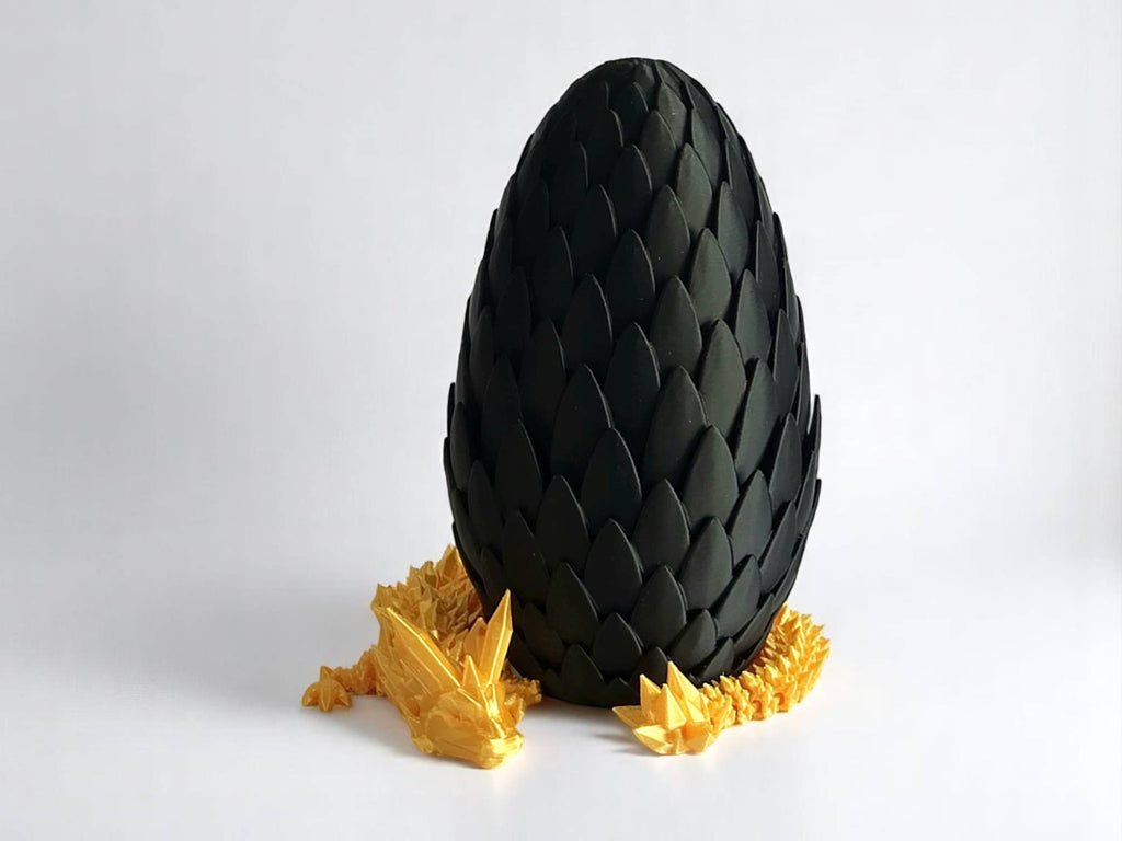 3D Printed 12" Dragon and 6" Egg: Black Egg / Gold Dragon