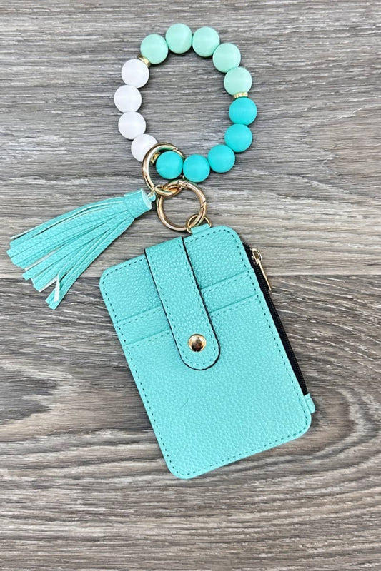 Silicone Beaded Bracelet Card Holder Keychain Turquoise