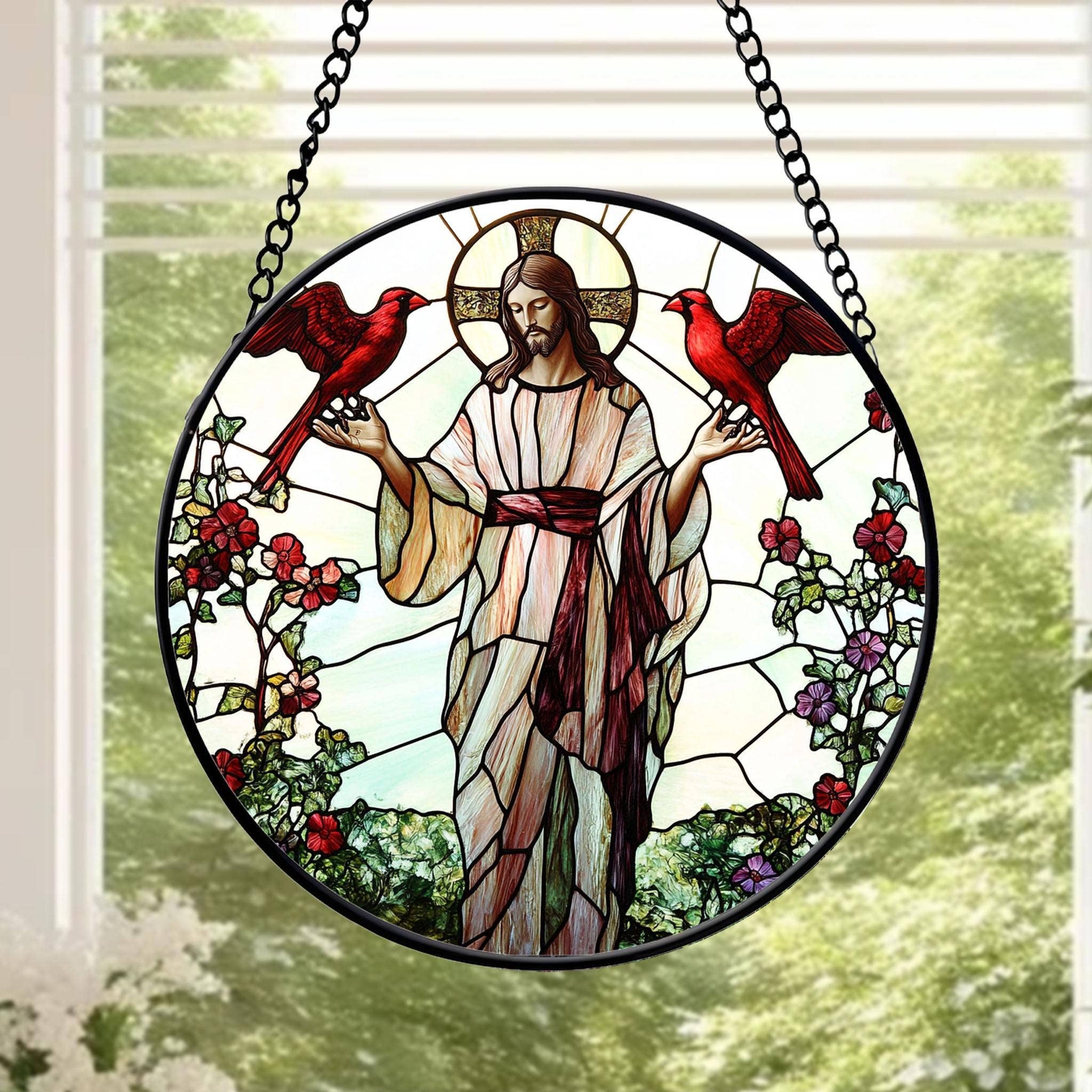 Jesus With Cardinals Stained Glass Suncatcher