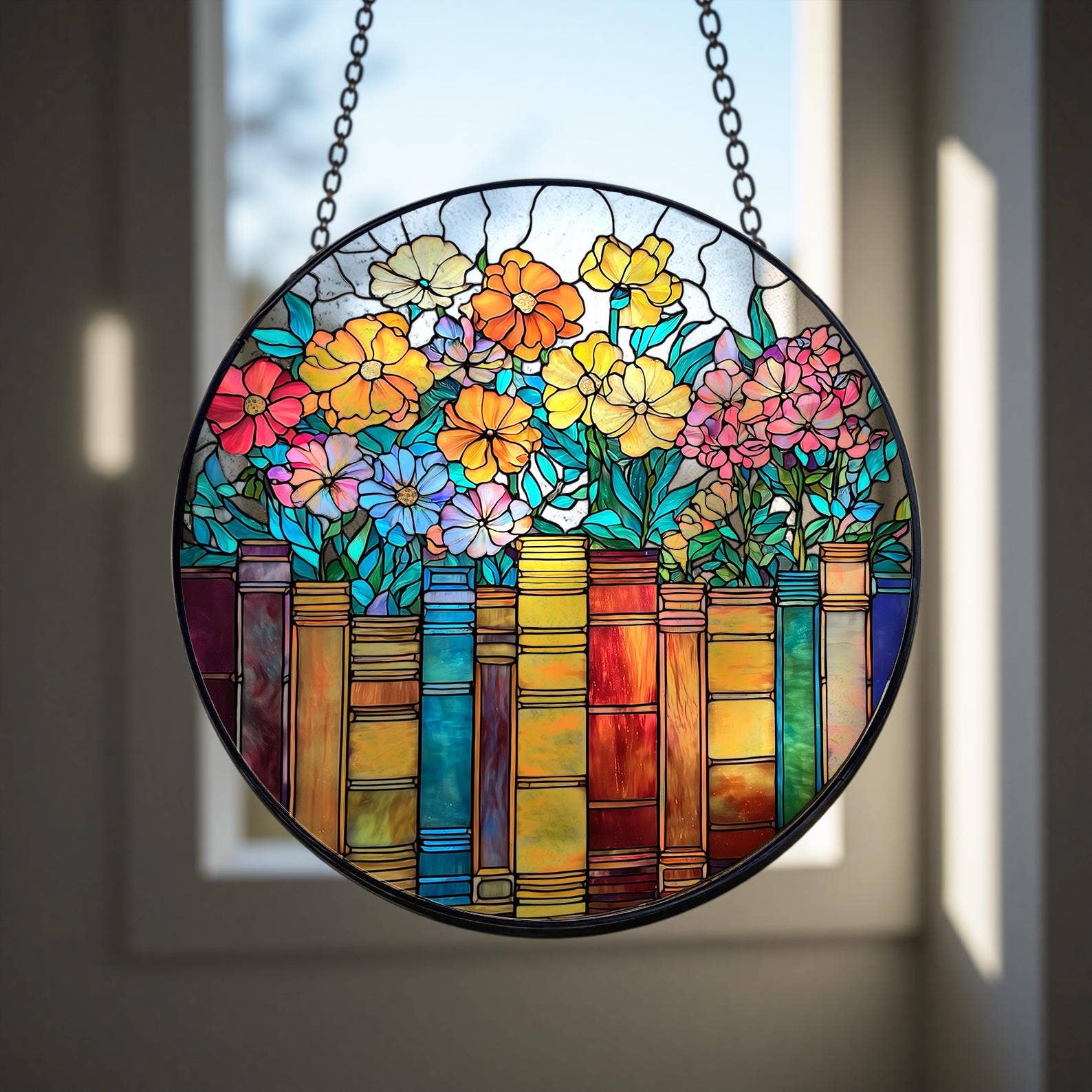 Books and Flowers Stained Glass Suncatcher