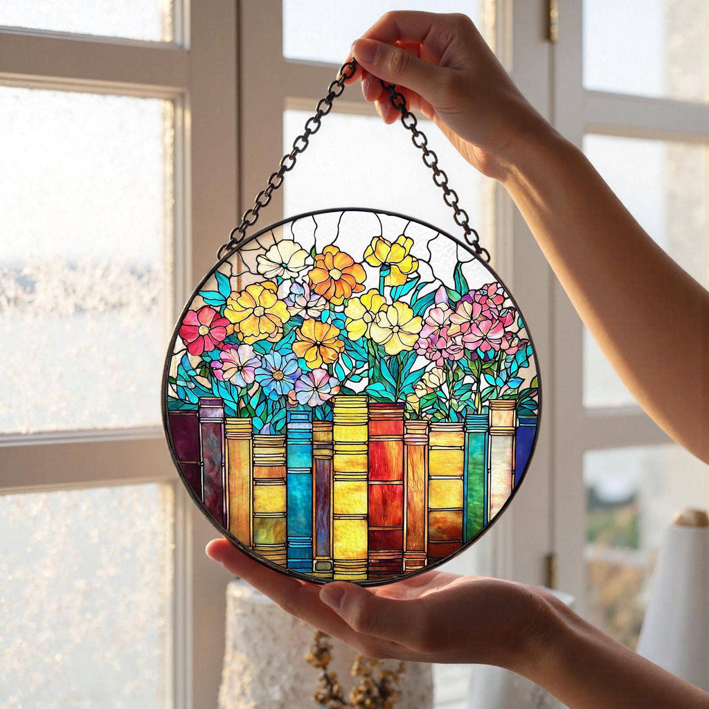 Books and Flowers Stained Glass Suncatcher