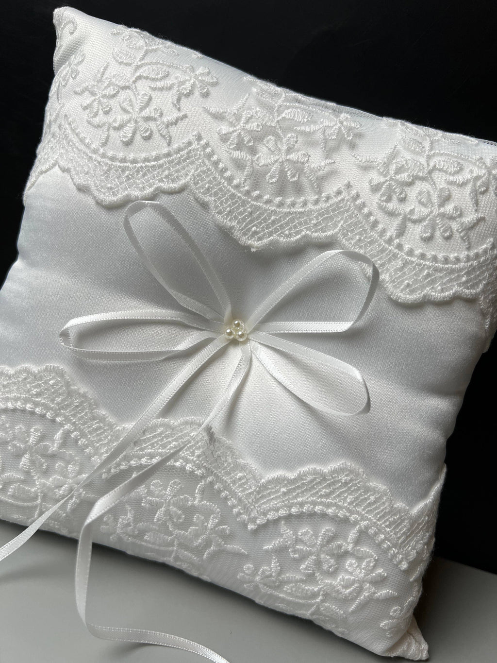 Three Pearl Wedding Ring Bearer Pillow with Lace