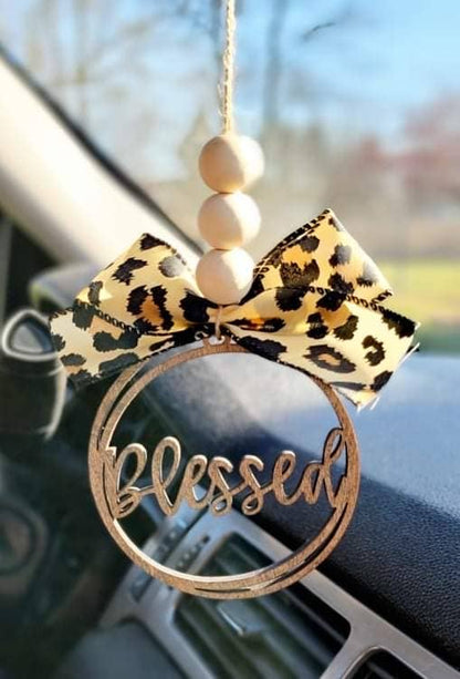 Blessed Car Charm Ornament Pink/White Plaid Bow