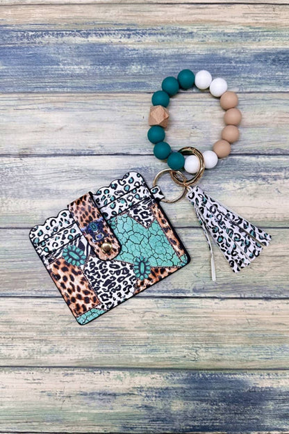 Silicone Beaded Bracelet Card Holder Keychain Blue & Brown