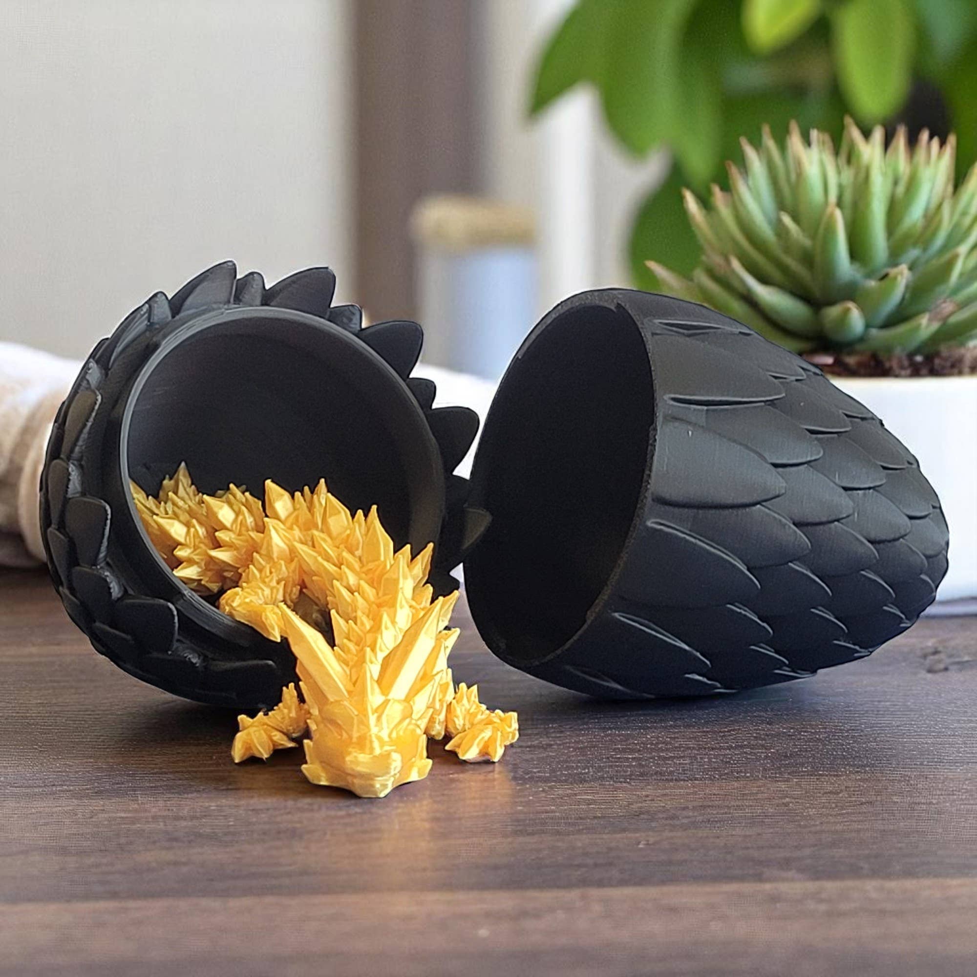 3D Printed 12" Dragon and 6" Egg: Black Egg / Gold Dragon