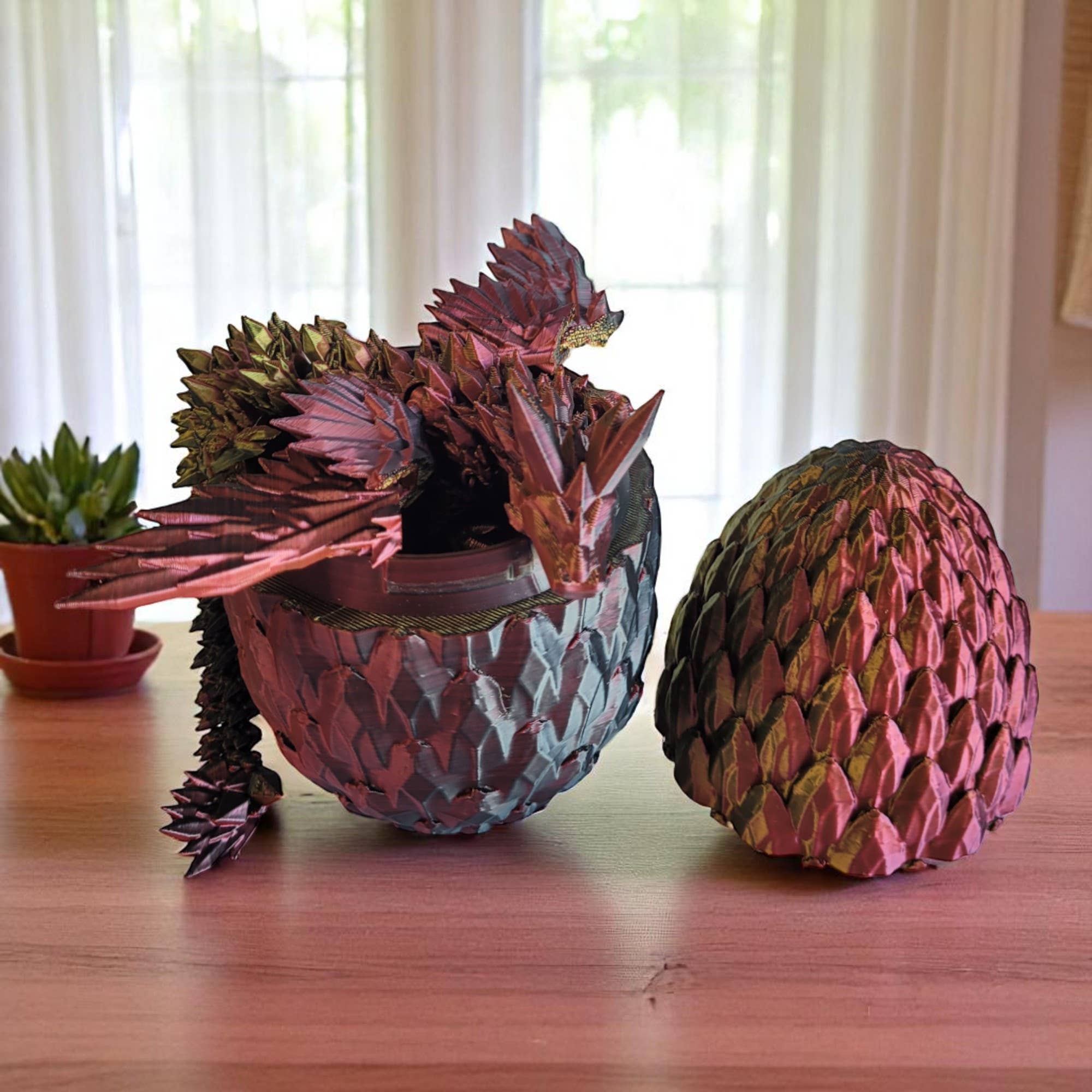 3D Printed Articulated Crystal Dragon with Wings and Egg: Tri-Color Red Green Blue