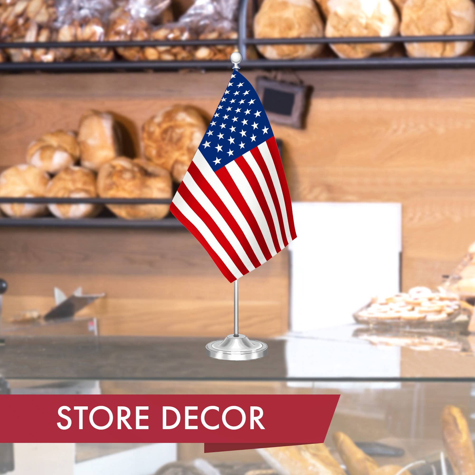 American USA Deluxe Desk Flag Set, with Silver Dome and Base