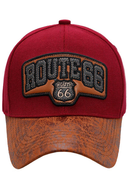Route 66 PU Oiled Curved Bill Acrylic Baseball Cap: Red