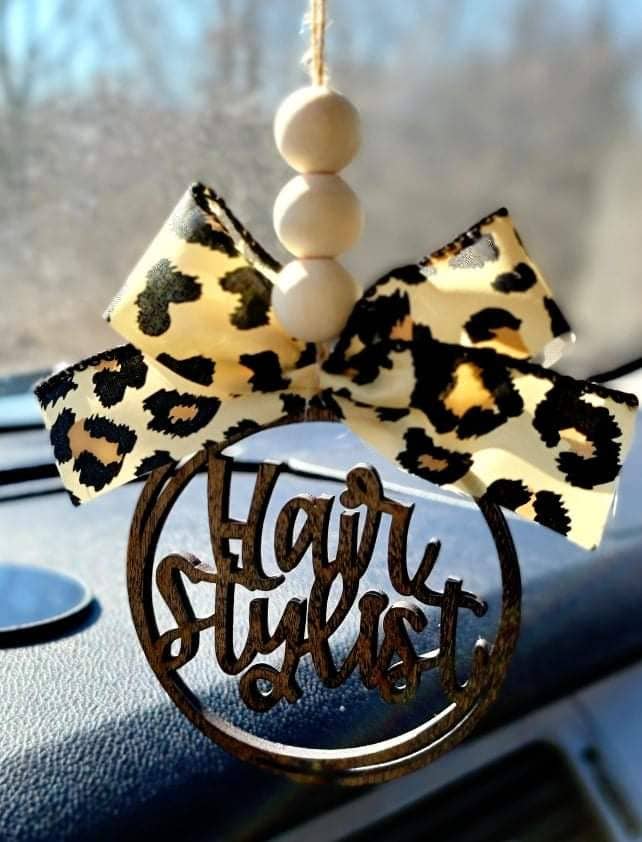 Hair Stylist Car Charm Ornament Black/White Plaid Bow