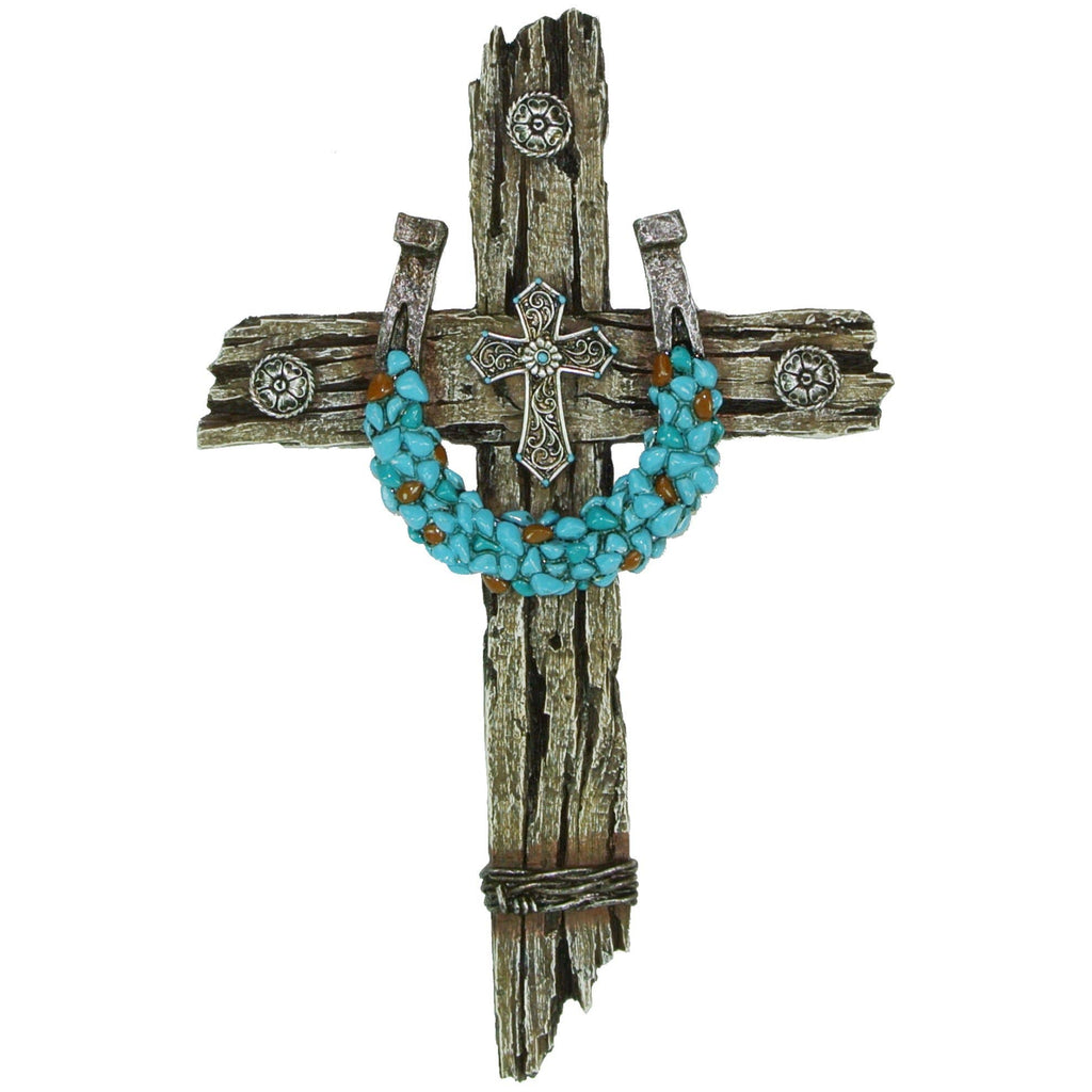 Turquoise Horseshoe on Polyresin Driftwood Wall Cross