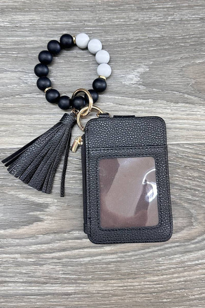Silicone Beaded Bracelet Card Holder Keychain Black
