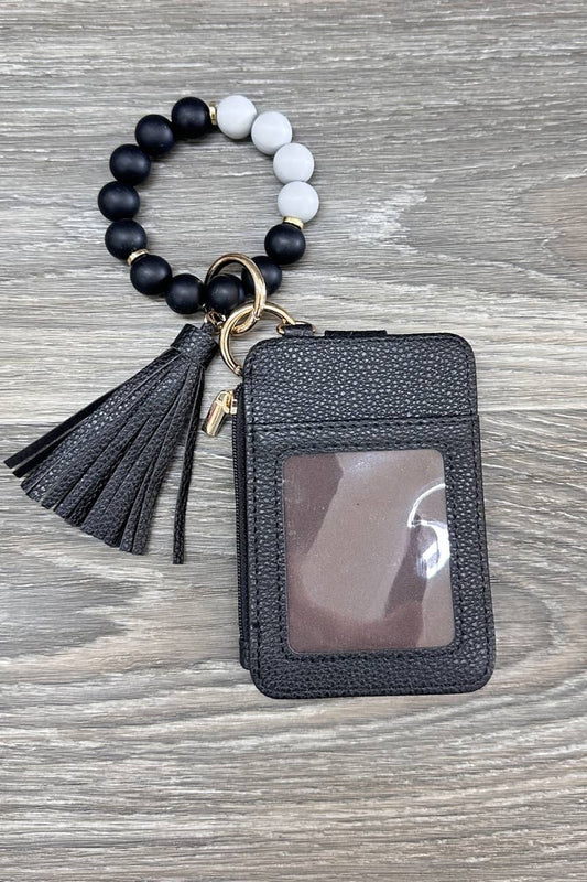 Silicone Beaded Bracelet Card Holder Keychain Black