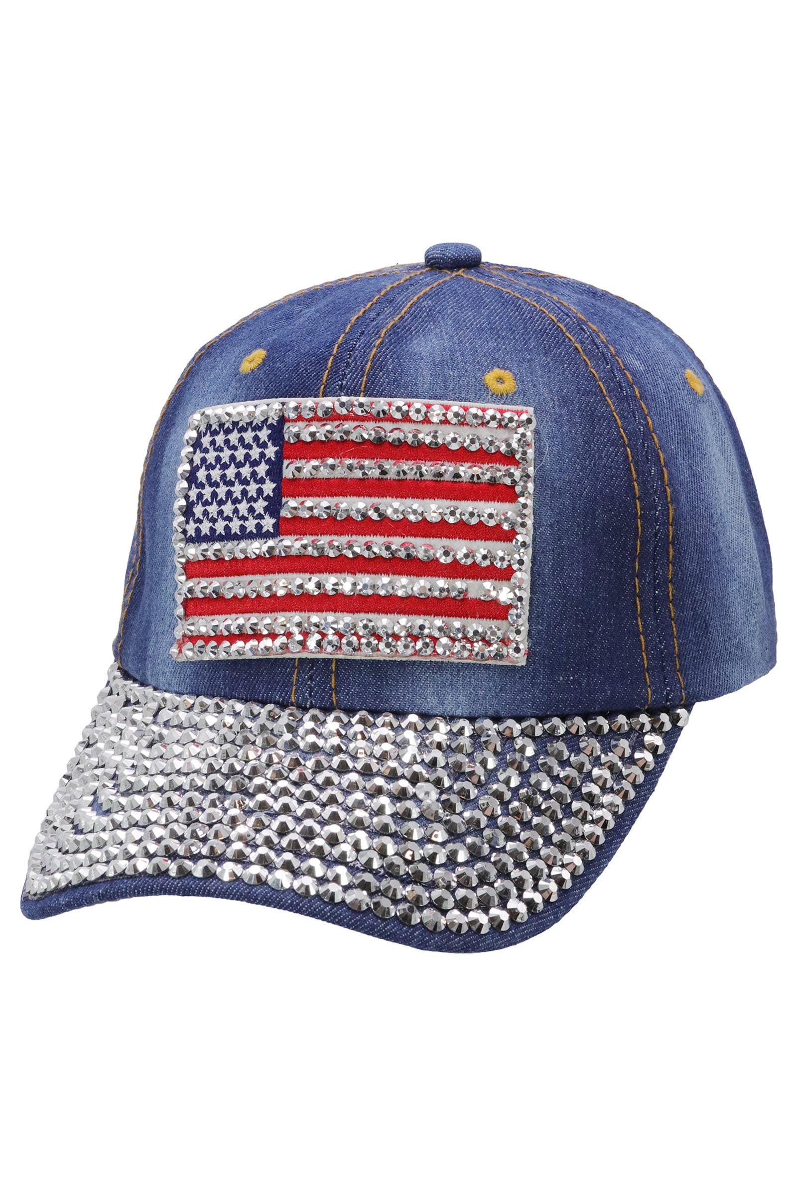 American Flag Bling Patch Denim Baseball Cap: DENIM DARK BLUE