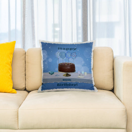 90th Birthday Party with Chocolate Cake and Blue Balloons, Pillow Case