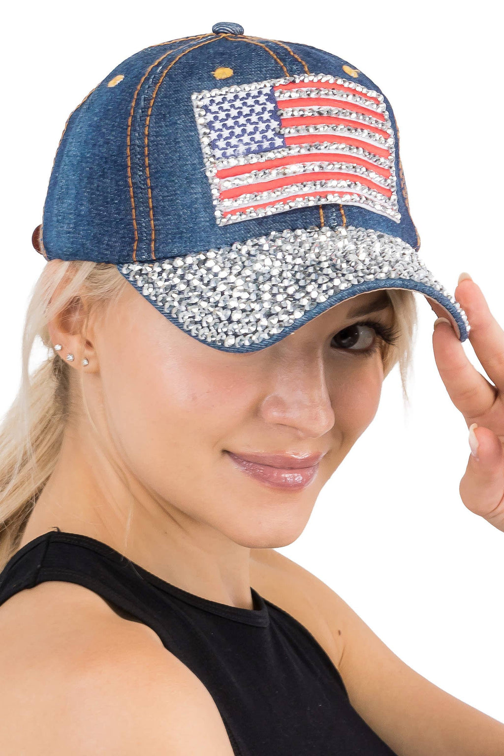 American Flag Bling Patch Denim Baseball Cap: DENIM DARK BLUE