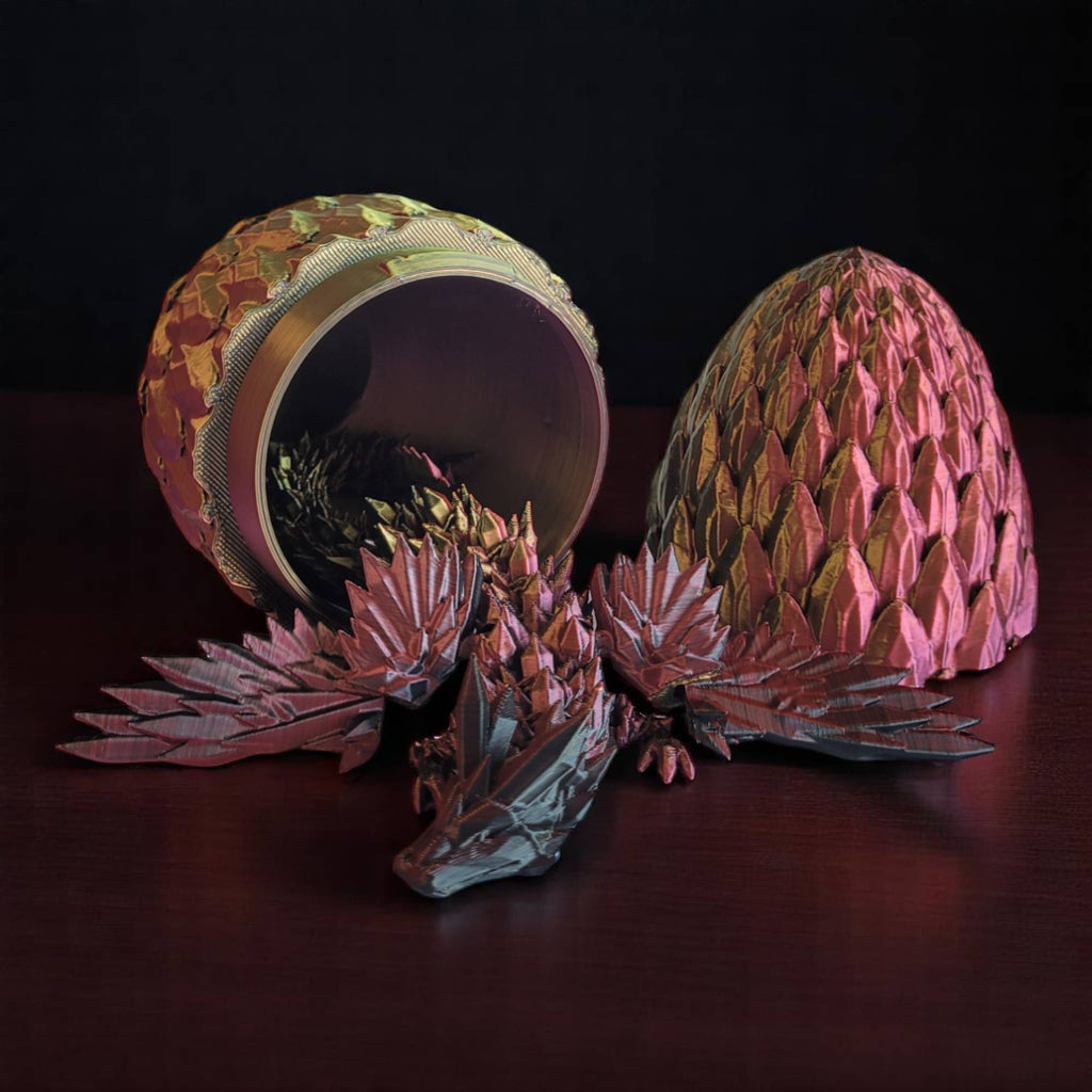 3D Printed Articulated Crystal Dragon with Wings and Egg: Tri-Color Red Green Blue