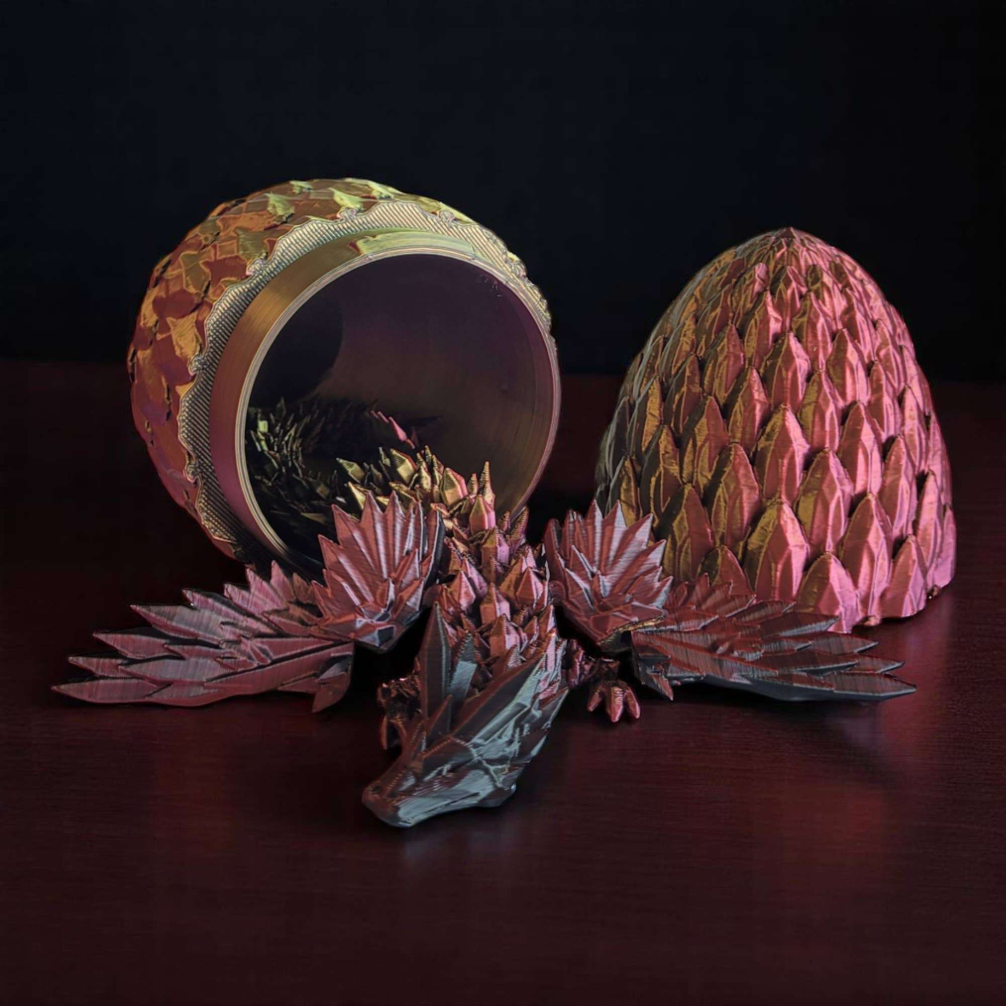 3D Printed Articulated Crystal Dragon with Wings and Egg: Tri-Color Red Green Blue