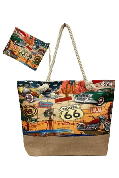 Route 66 The Mother Road Car Print Canvas Tote Bag