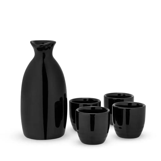 Moga Black Glazed Porcelain Sake Set - Set of 5