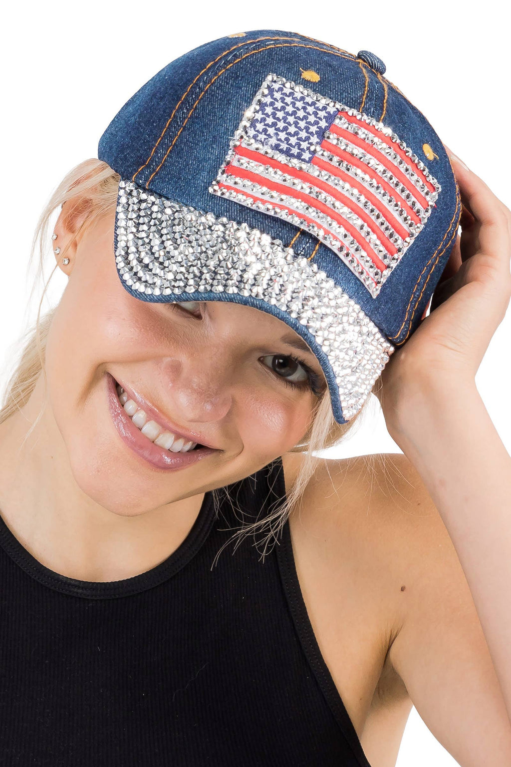 American Flag Bling Patch Denim Baseball Cap: DENIM DARK BLUE