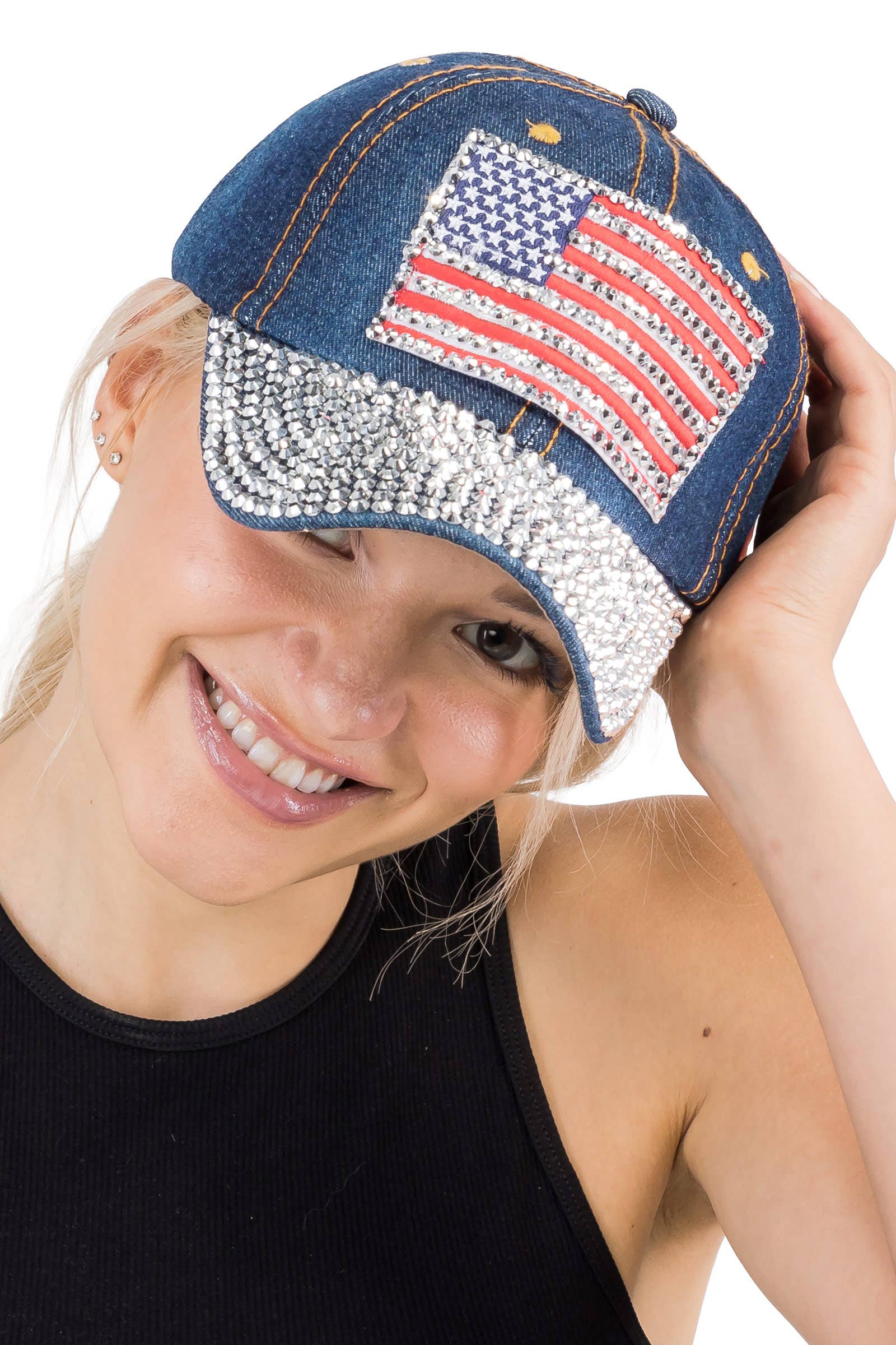 American Flag Bling Patch Denim Baseball Cap: DENIM DARK BLUE