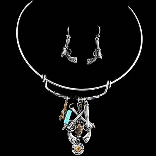 Gun Western Choker Necklace & Earring Set