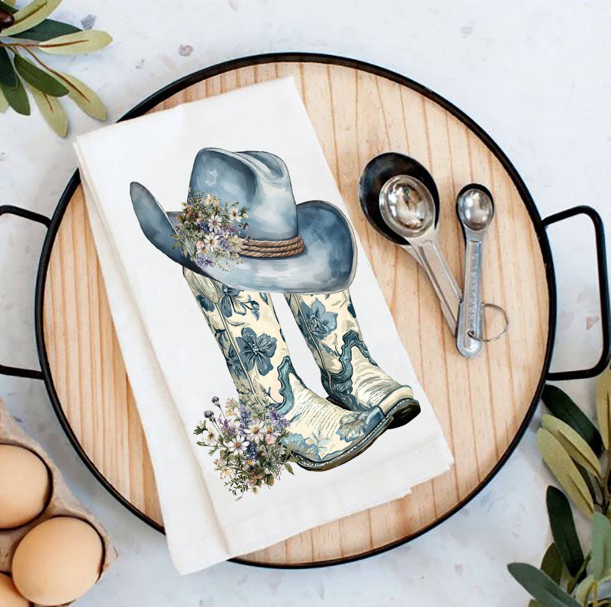 Western Blue & White Cowboy Boots Tea Towel