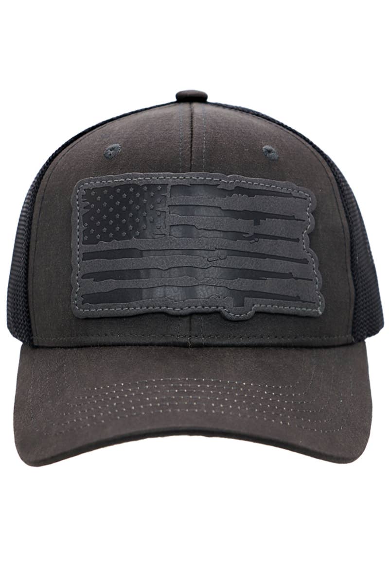 Rifle American Flag Oiled Faux Leather Black Trucker Hat
