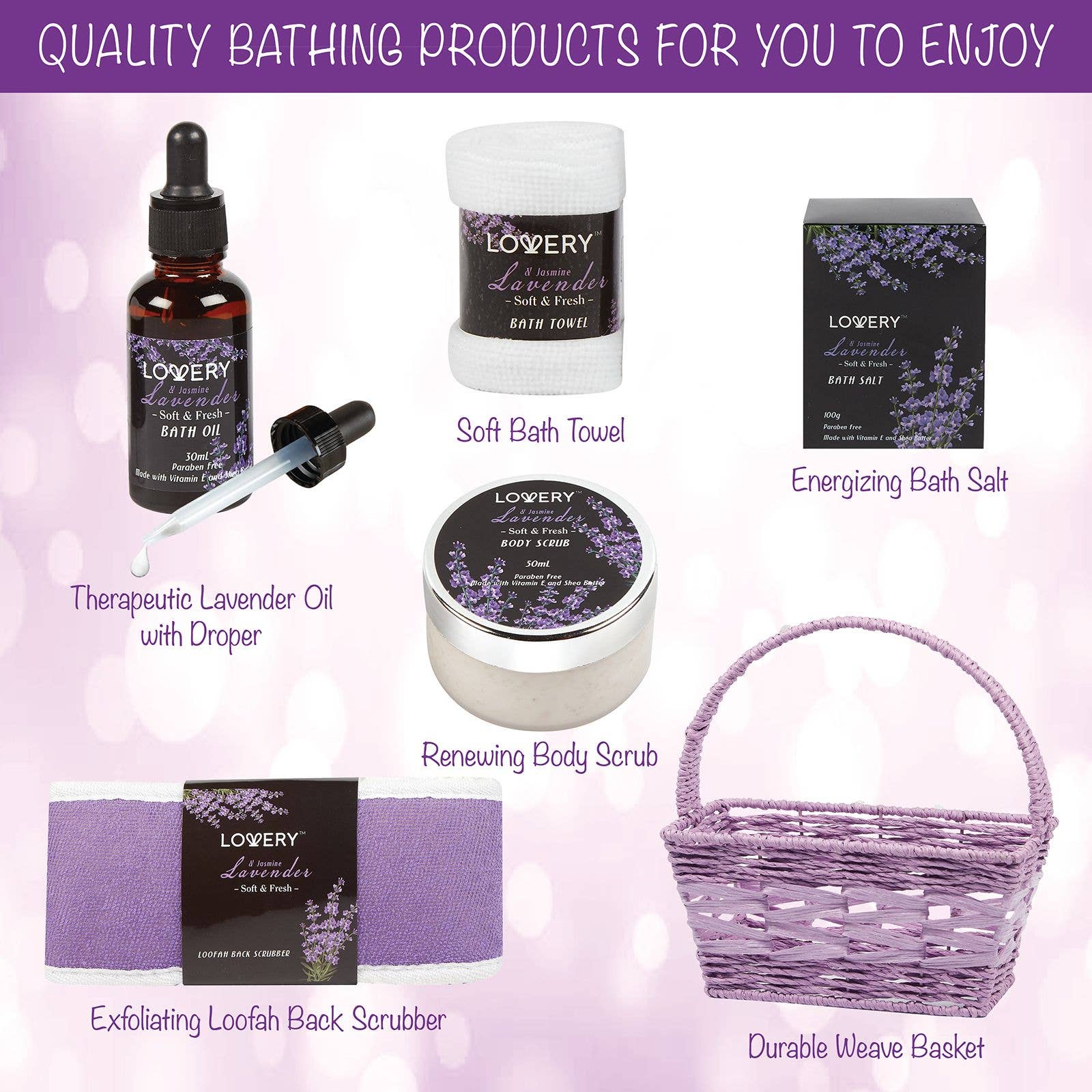 Lavender and Jasmine - 9pc Home Spa Gift Basket Bath Set
