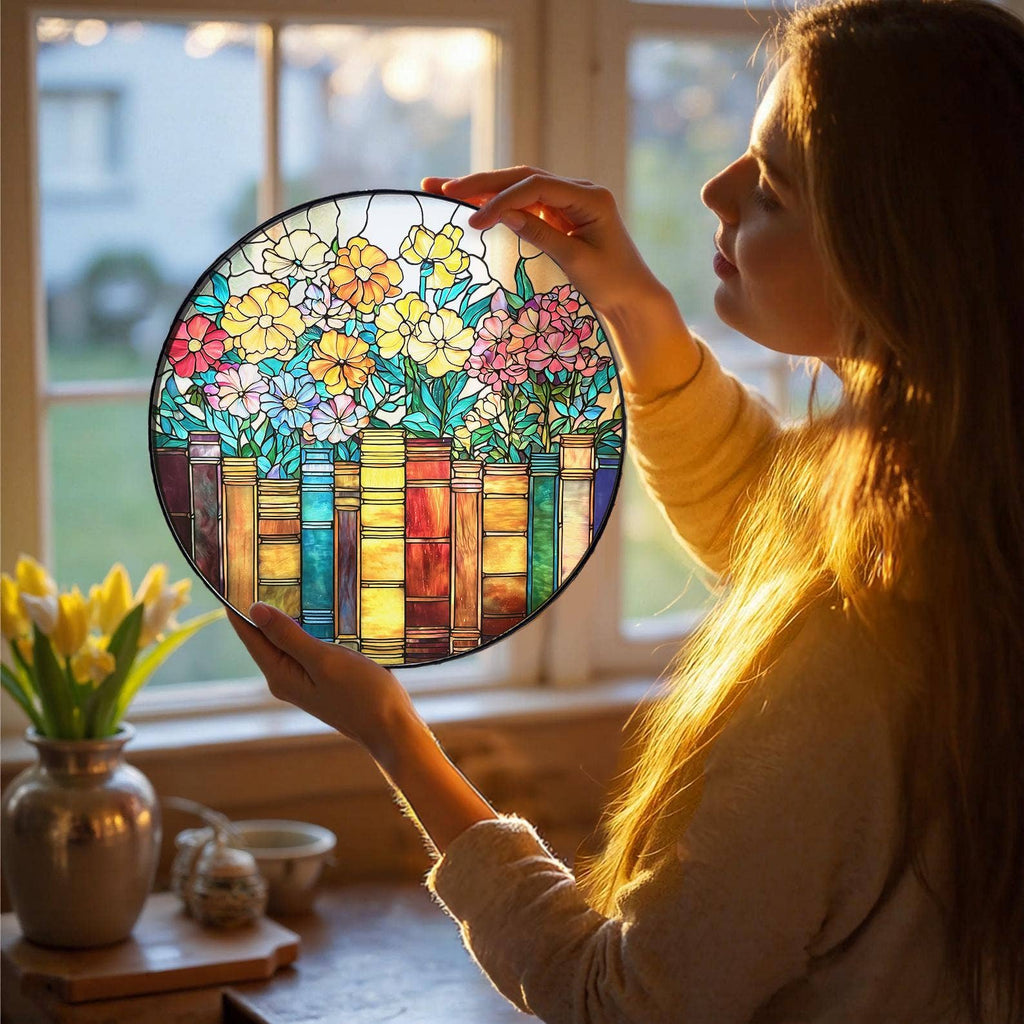 Books and Flowers Stained Glass Suncatcher