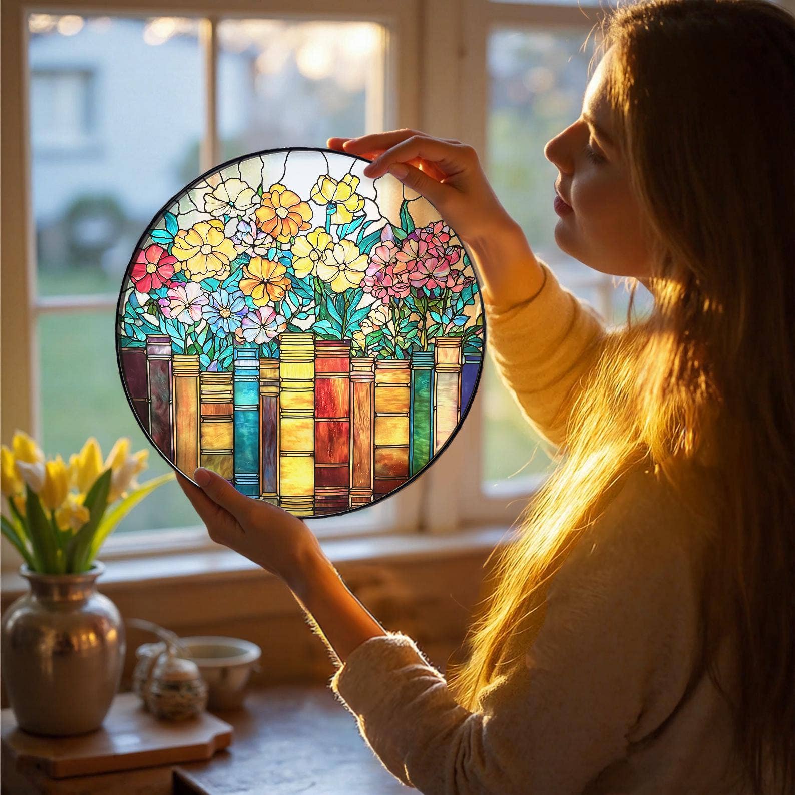 Books and Flowers Stained Glass Suncatcher