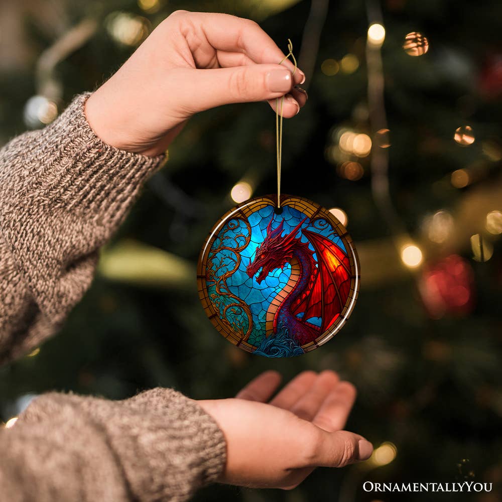 Fierce Dragon Stained Glass Style Ceramic Ornament
