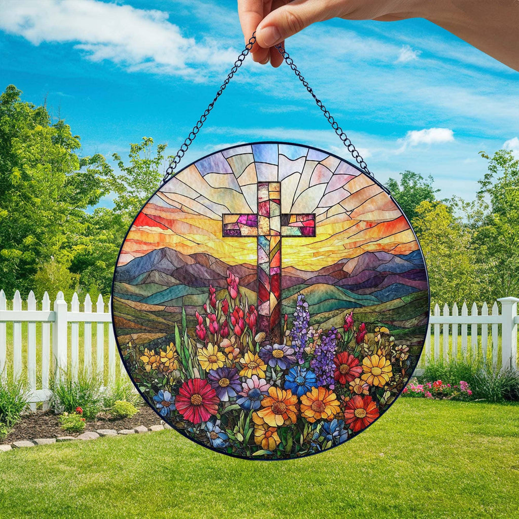 Cross And Wildflowers Stained Glass Suncatcher