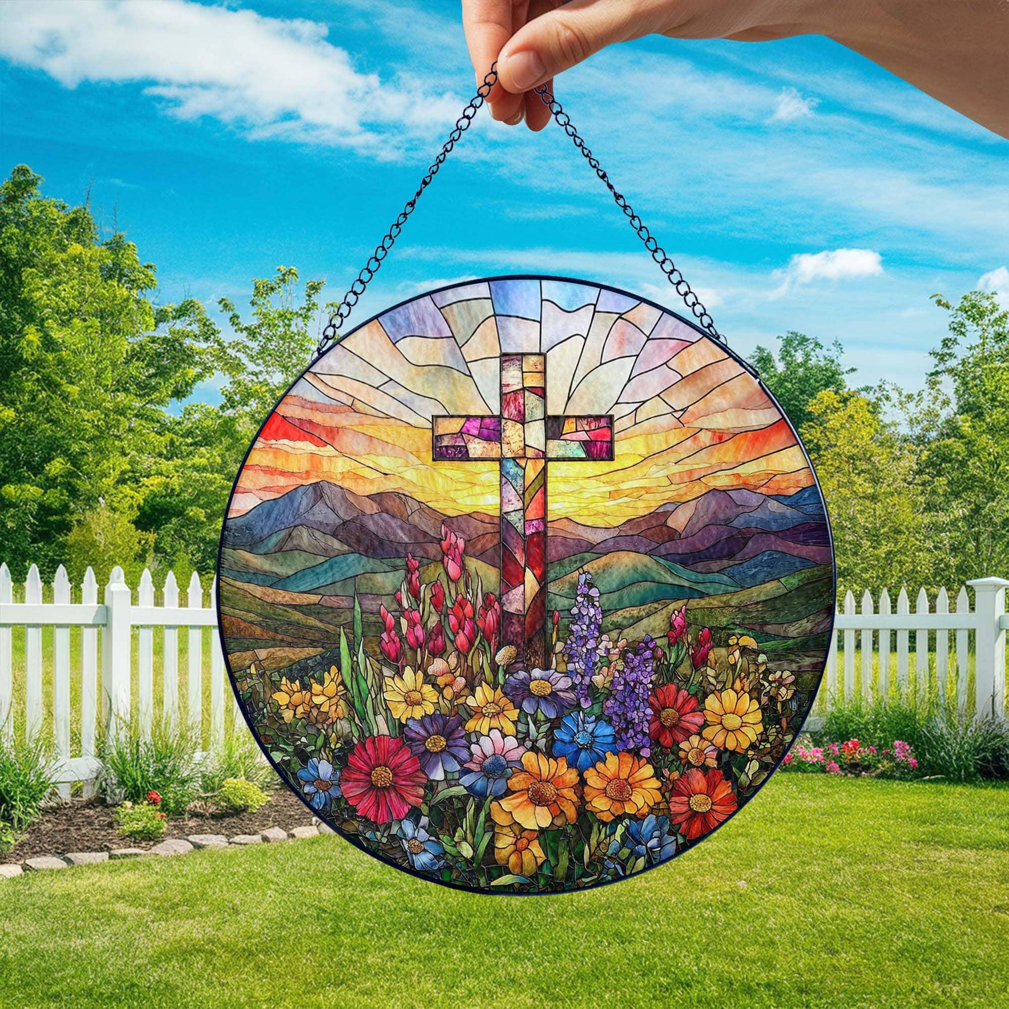 Cross And Wildflowers Stained Glass Suncatcher